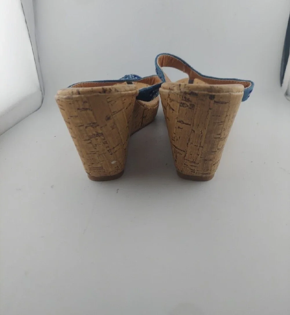 Ashley Blue Embellished Cork Wedge Flip Flops - Women Size 9